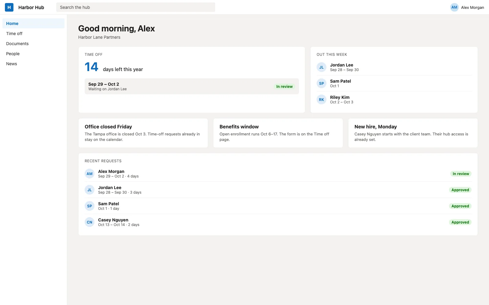 Recreation of an employee hub home page, with a time-off balance and who is out. Sample names.