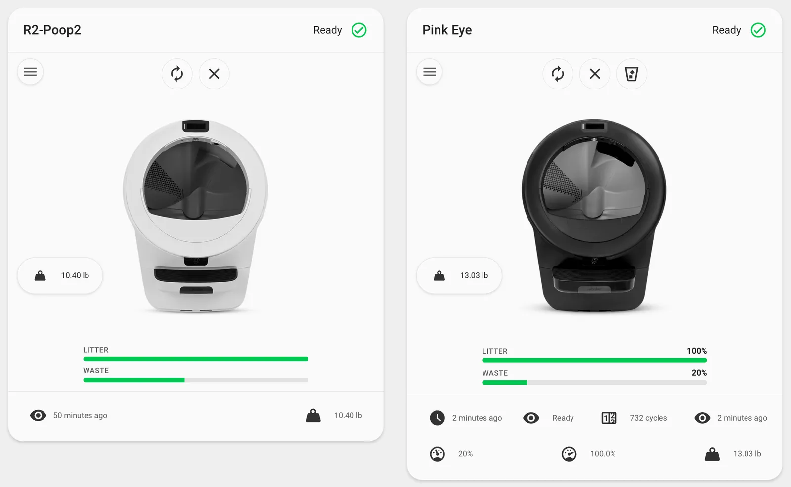 Two Whisker cards side by side, each showing a Litter-Robot with its status, litter and waste gauges