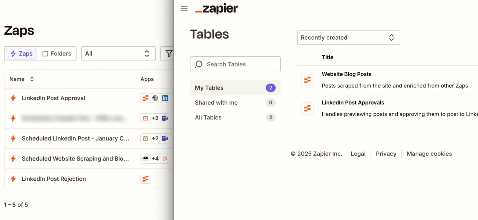 The Zapier workspace: the list of LinkedIn workflows and the two tables that track posts and approvals