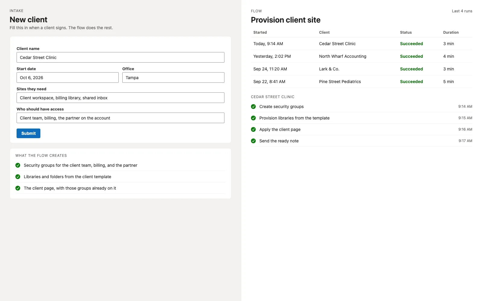 Recreation of a client intake form beside the flow that provisions the site. Sample names.