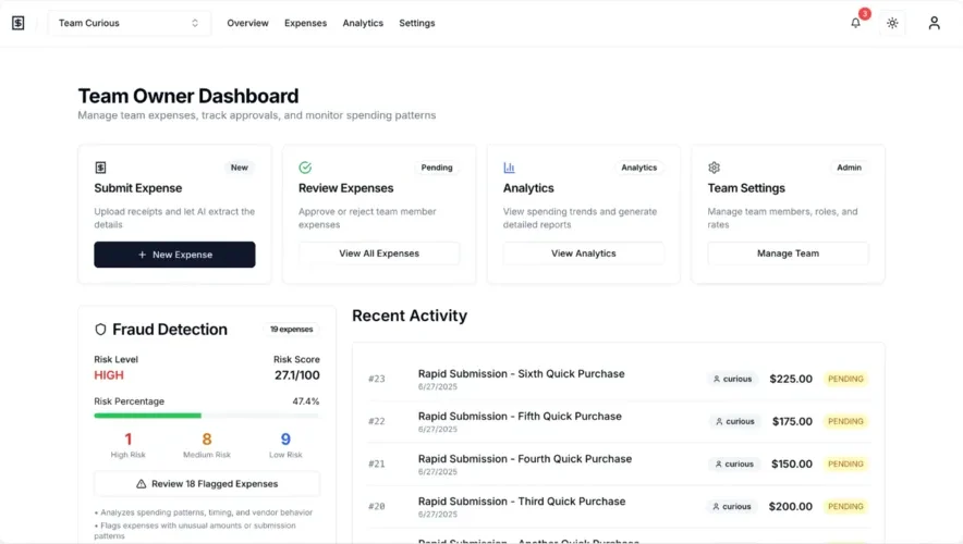 The Synapse team dashboard: submit and review expenses, fraud detection, and recent activity